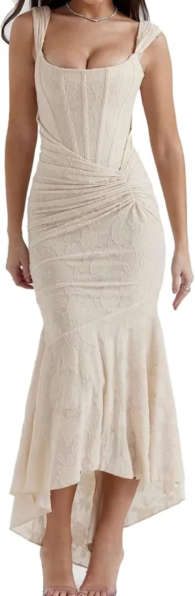 Women's Sleeveless Lace Bodycon Corset Maxi Dress Fishbone Dress Ruched Elegant Evening Party Long Dresses