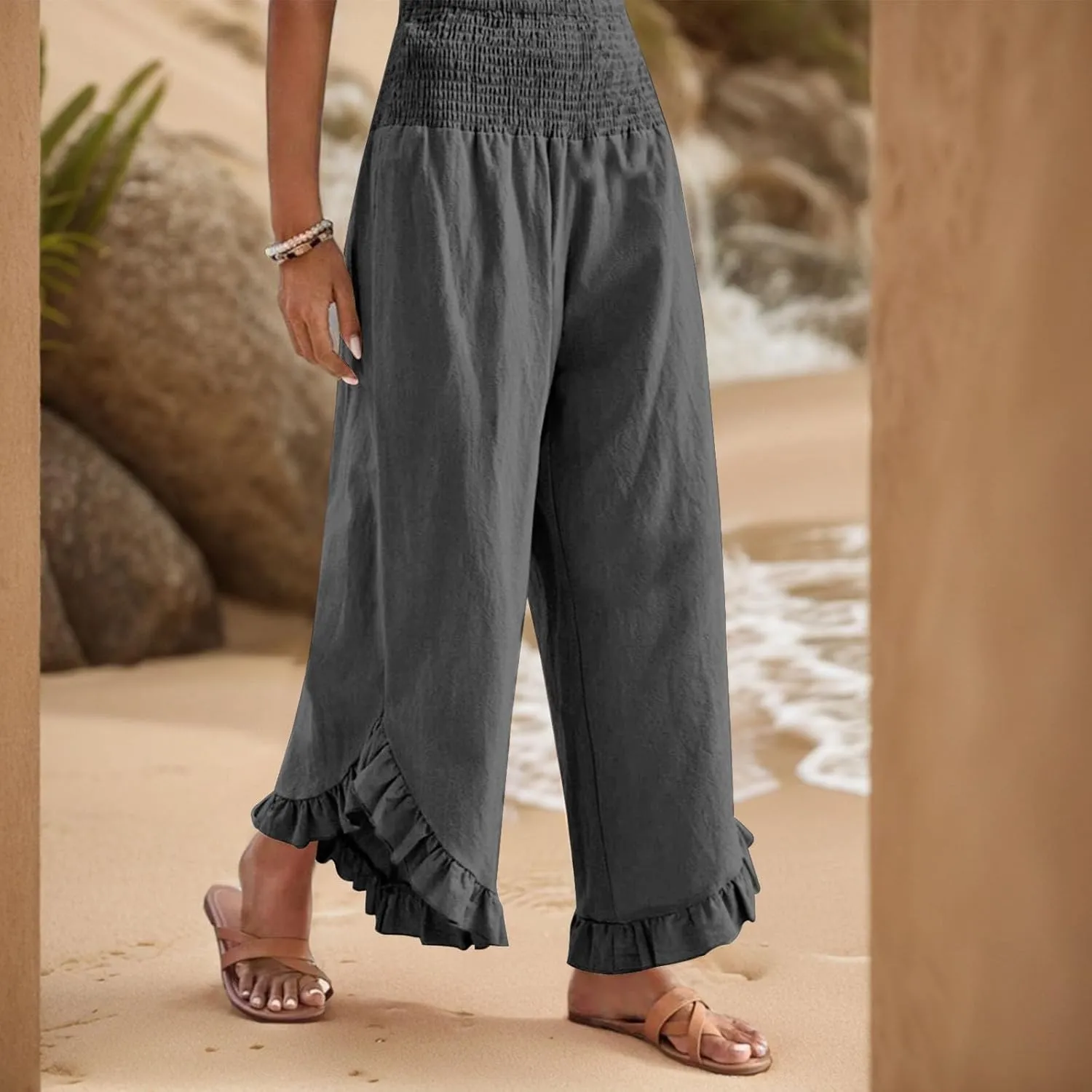 Women's Solid Color Elastic Waist Slim Pleated Petal Dressy Casual Loose Fit Trousers