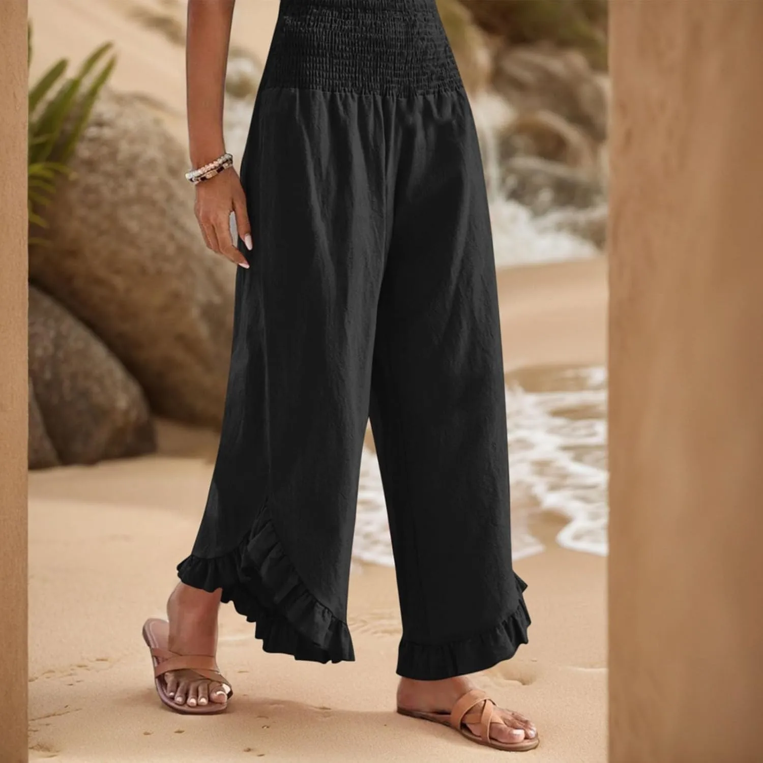 Women's Solid Color Elastic Waist Slim Pleated Petal Dressy Casual Loose Fit Trousers