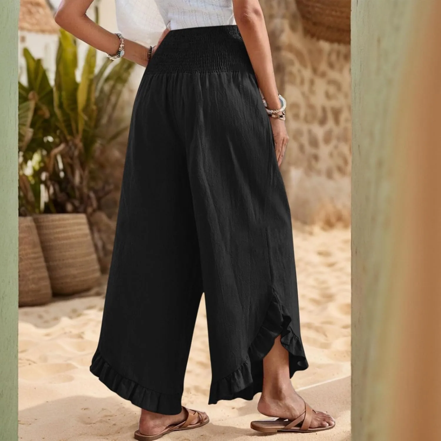 Women's Solid Color Elastic Waist Slim Pleated Petal Dressy Casual Loose Fit Trousers