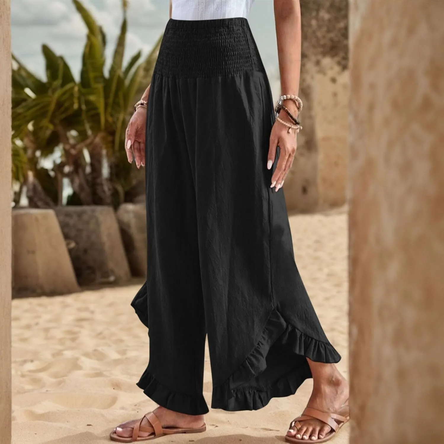 Women's Solid Color Elastic Waist Slim Pleated Petal Dressy Casual Loose Fit Trousers