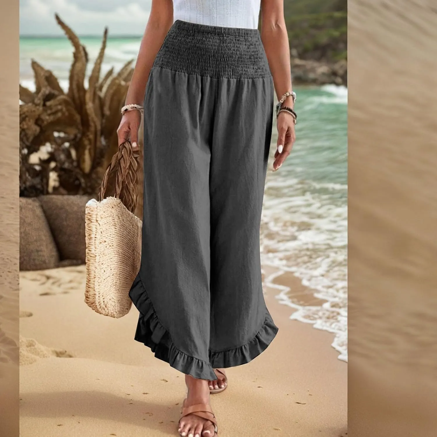 Women's Solid Color Elastic Waist Slim Pleated Petal Dressy Casual Loose Fit Trousers