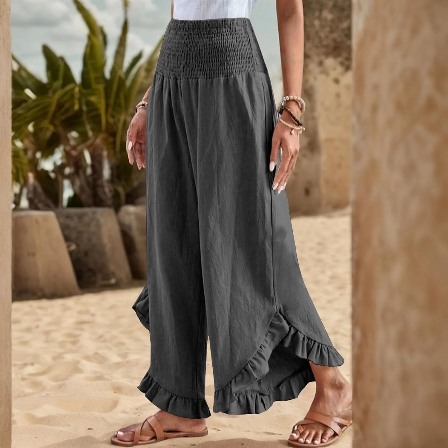 Women's Solid Color Elastic Waist Slim Pleated Petal Dressy Casual Loose Fit Trousers