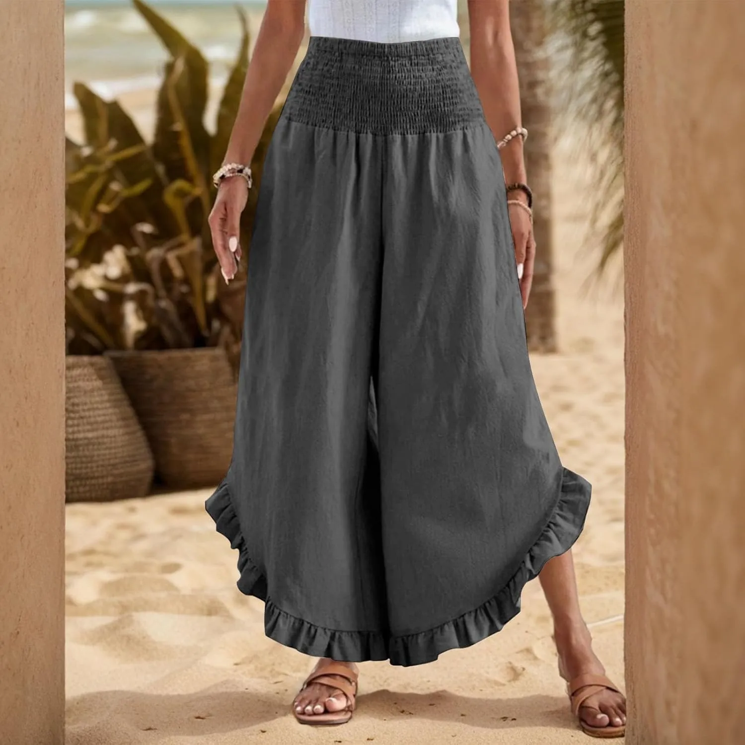 Women's Solid Color Elastic Waist Slim Pleated Petal Dressy Casual Loose Fit Trousers