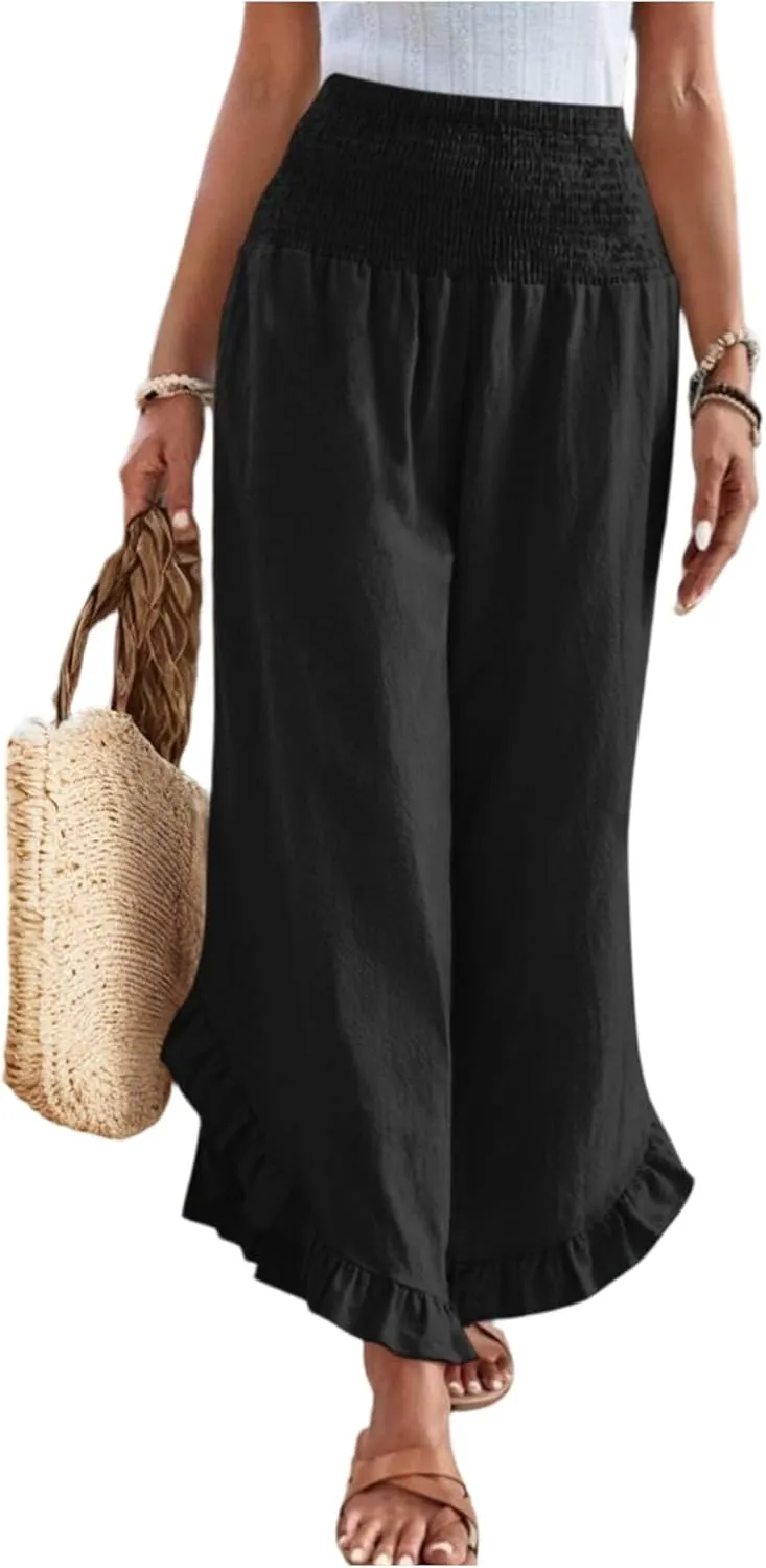 Women's Solid Color Elastic Waist Slim Pleated Petal Dressy Casual Loose Fit Trousers