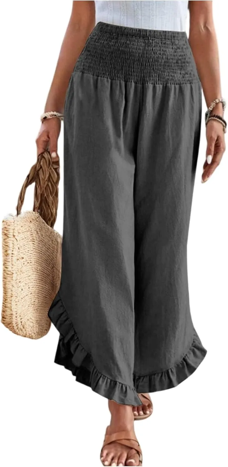 Women's Solid Color Elastic Waist Slim Pleated Petal Dressy Casual Loose Fit Trousers